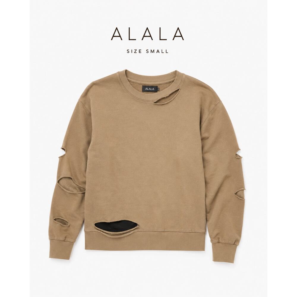 ALALA Cypher Distressed Sweatshirt Small Tan Cutout Pullover Athleisure
